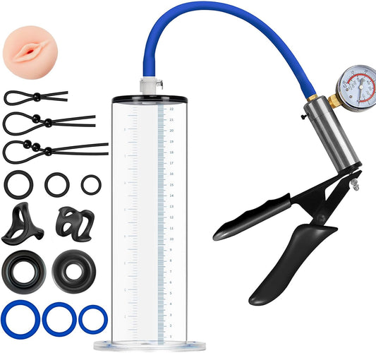 Male Enhancement Pump System 9 x 2.75 inch Cylinder,with Gauge,with a Lifelike Vagina Sleeve & 11PCS Penis Rings Set,Sex Toys - Pumps & Enlargers,Penis Male Sex Toys