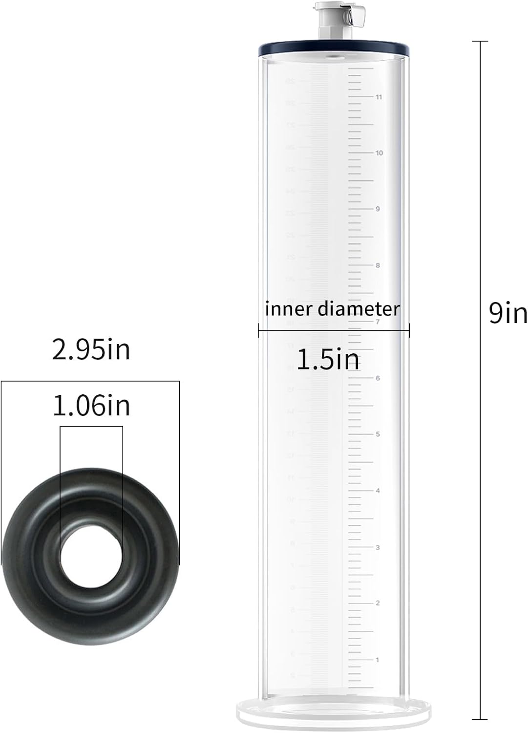 Penis Pump Vacuum Cylinder 9 * （1.5-2.75）in with 1 Black Silicone Base Ring