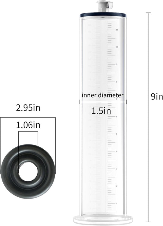 Penis Pump Vacuum Cylinder 9 * （1.5-2.75）in with 1 Black Silicone Base Ring