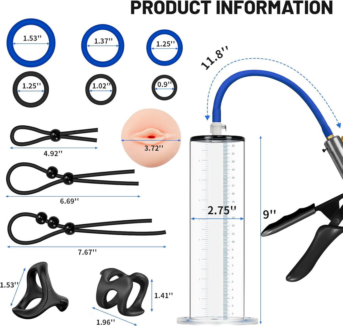 Male Enhancement Pump System 9 x 2.75 inch Cylinder,with Gauge,with a Lifelike Vagina Sleeve & 11PCS Penis Rings Set,Sex Toys - Pumps & Enlargers,Penis Male Sex Toys